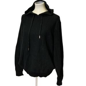 INC Mens Large 100% Cotton Long Sleeve Black Hooded Ribbed Sweater Hoodie